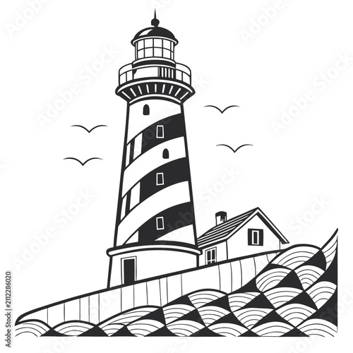 Lighthouse scene with striped tower and coastal landscape lighthouse nautical