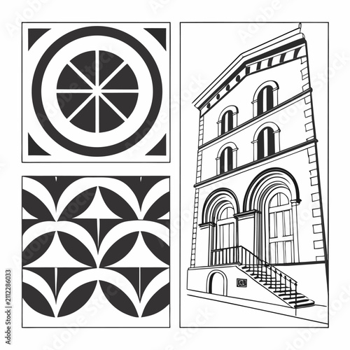 Abstract geometric patterns and architectural line art illustration