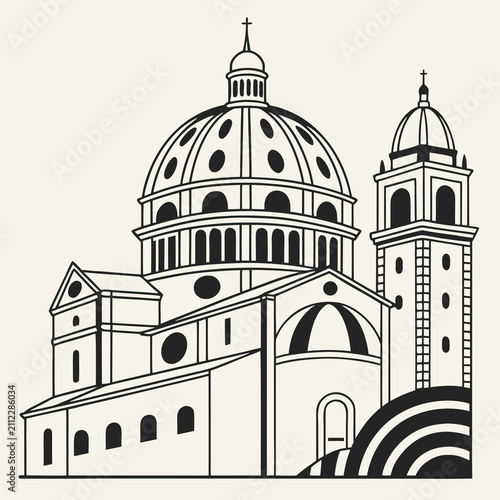 Black and white line art illustration of a classical cathedral with cathedral