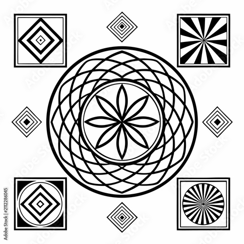 Mandala style circular geometric pattern with surrounding square icons, abstract