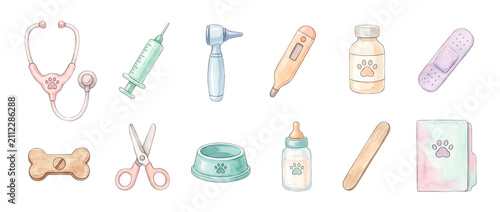 Veterinary medical icons pet care watercolor clip art set featuring stethoscope syringe thermometer bandage bowl scissors medicine bottle animal health care clinic checkup isolated on black background