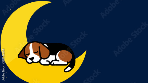 Cute Beagle Puppy Sleeping Peacefully on a Bright Yellow Crescent Moon with Dark Blue Night Sky Background
