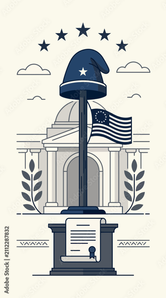 Fototapeta premium Patriotic Memorial: Flag, Cap, Document, and Government Building