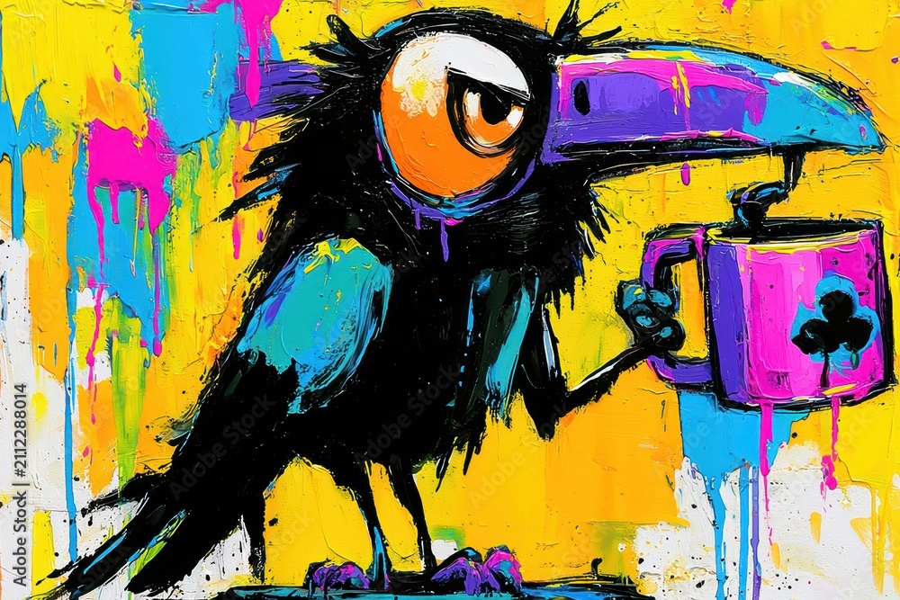 Fototapeta premium Grumpy black bird holding pink coffee mug, vibrant yellow background, urban street art