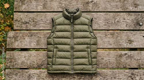Olive green down puffer vest on wooden surface with clothing, sleeveless