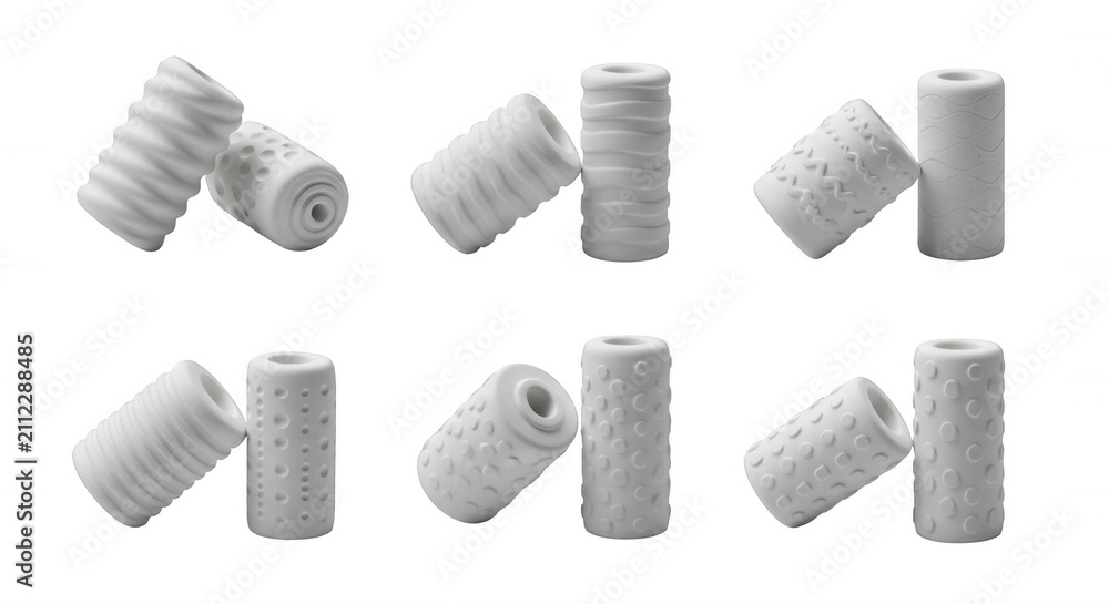 Fototapeta premium various patterned white cylindrical objects leaning on others arranged on a white background potentially for product demonstrations