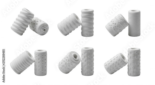 various patterned white cylindrical objects leaning on others arranged on a white background potentially for product demonstrations