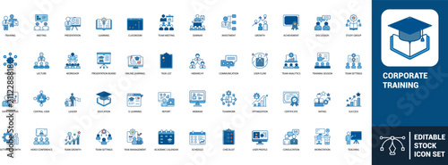 Corporate training line art icons set training, meeting, presentation, learning, classroom, seminar, growth, achievement, discussion, study group, Web icon, App icon, Outline icon, Editable stroke, li