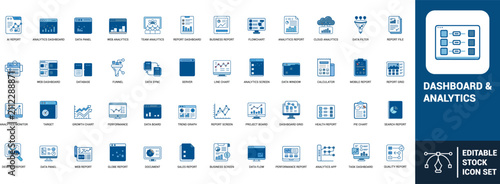 Dashboard analytics line art icons set ai report, data panel, web analytics, business report, flowchart, line chart, pie chart, Web icon, App icon, Outline icon, Editable stroke, line art, Vector EPS