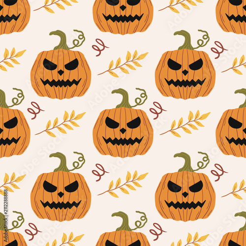 Halloween pumpkin seamless pattern, hand drawn spooky jack o lantern face with autumn yellow leaves vector repeat background for trick or treat wrapping paper and fabric