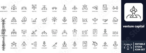 Venture capital startup investment line art icons set startup, funding, profit, growth, business plan, unicorn, financial goal, Web icon, App icon, Outline icon, Editable stroke, line art, Vector EPS
