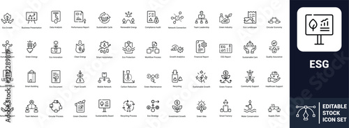 ESG line art icons set eco growth, renewable energy, sustainable cycle, green industry, circular economy, carbon reduction, green finance, Web icon, App icon, Outline icon, Editable stroke, line art, 