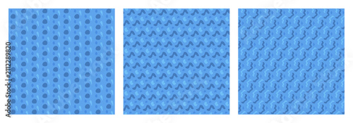 Set of seamless geometric patterns isolated on white. Blue background with abstract shapes. Vector illustration.