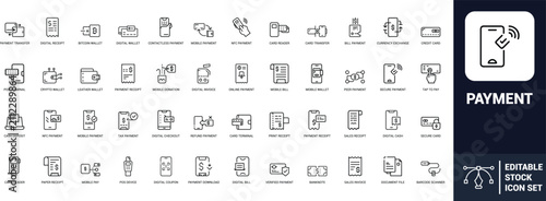Payment line art icons set mobile payment, digital wallet, credit card, receipt, bitcoin, pos terminal, online payment, cash, Web icon, App icon, Outline icon, Editable stroke, line art, Vector EPS