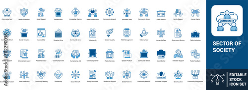Sector of society line art icons set community care, social support, donation box, volunteer team, public service, family, Web icon, App icon, Outline icon, Editable stroke, line art, Vector EPS
