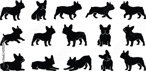 Cuadro en lienzo French, Bulldog, dog, silhouette, vector, set, collection, standing, sitting, wa