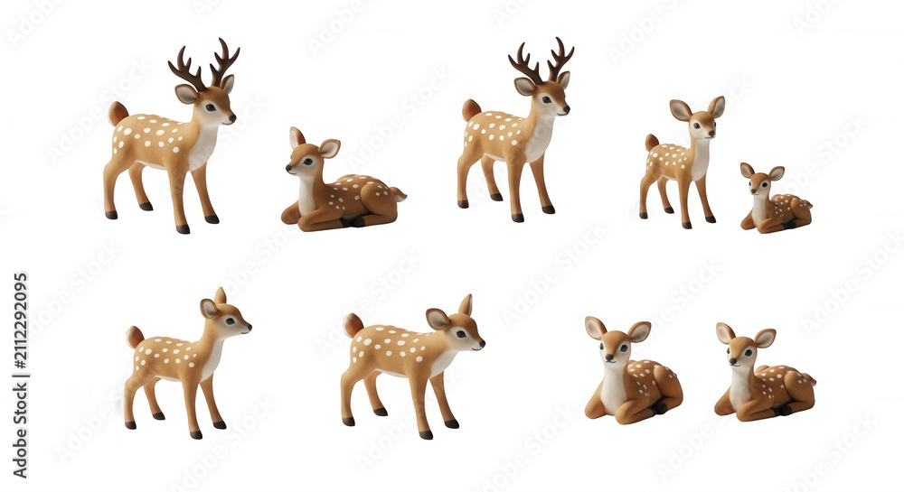 Obraz premium group of toy deer in various poses on a white background wildlife in a studio setting potential for educational material