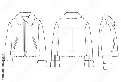 Women’s Aviator Jacket Technical Fashion Flat Vector with Front Back and Side Views