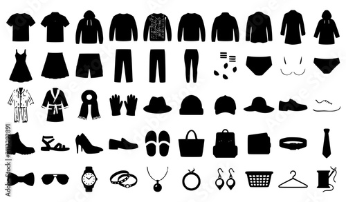 Quadro su tela Set of black clothing and fashion accessory silhouettes including shirts pants s