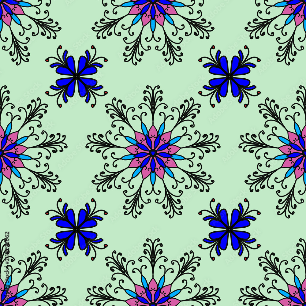 Obraz premium Seamless floral mandala pattern vector ornament with hand drawn flowers for background, textile, wallpaper, wrapping paper design