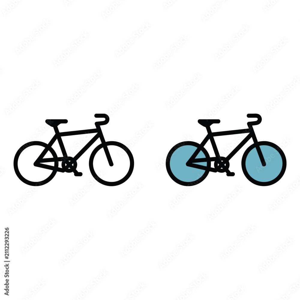 Obraz premium Minimalist Black and White Bicycle Icons with Blue Wheels - Flat Design Vector