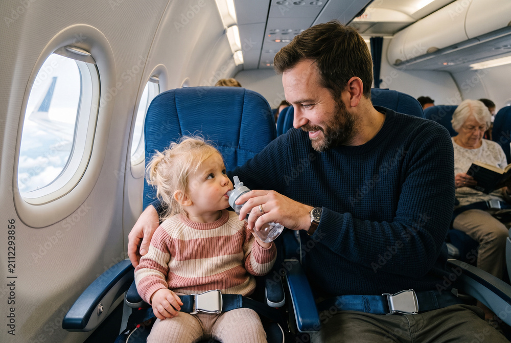 Fototapeta premium A man sits next to a young child on an airplane. He holds a water bottle to help her drink. The child looks up at him with interest. In the background, an older woman reads a book.