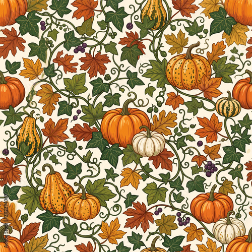 Seamless autumn harvest pattern with pumpkins and colorful leaves