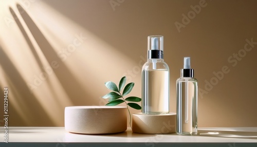 Modern Minimalist Skincare Display With Acrylic Stands Soft Shadows Beige Background Clean Composition Product Focused Angle Realistic Photo
