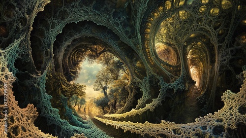 Enchanting Forest Passage, An Ethereal Fractal Landscape with Trees