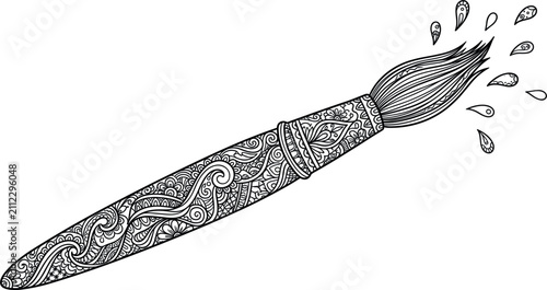  Ornate artist paint brush with intricate mandala patterns and flying ink drops black and white vector outline illustration coloring page for adult relaxation