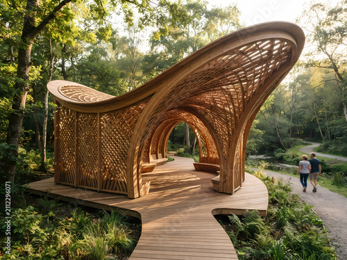 Modern bamboo pavilion in a forest park. Sustainable wooden architecture in nature.
