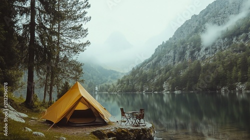 Serene lakeside camping experience with tent, chairs, and mountain views