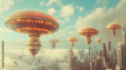 Futuristic cityscape with flying saucer-shaped structures amidst clouds