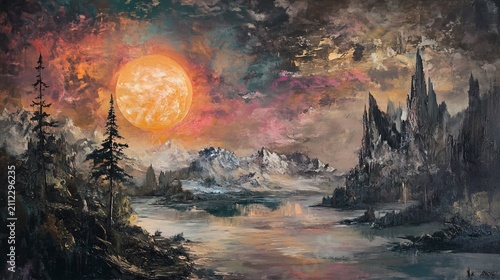 Mystical Lake Landscape Painting with Towering Peaks and Solar Eclipse