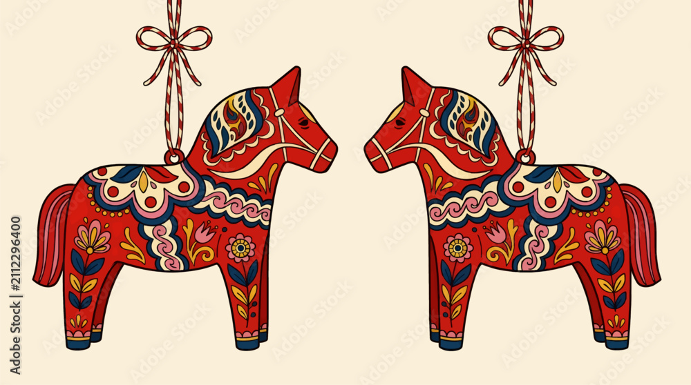 Obraz premium Vector Illustration of a Pair of Iconic Red Dala Horses with Traditional Swedish Folk Art Floral Patterns, Facing Each Other on a Light Background with Copy Space