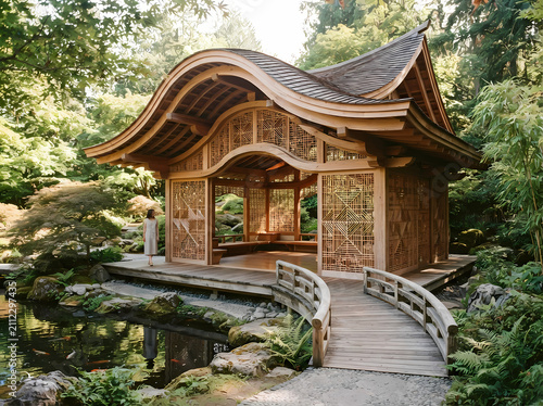 Traditional Japanese wooden gazebo in a garden. Zen pavilion with bridge over a pond.