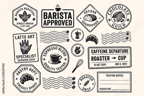 A comprehensive collection of vintage style coffee shop and artisan bakery stamps with grunge texture design elements