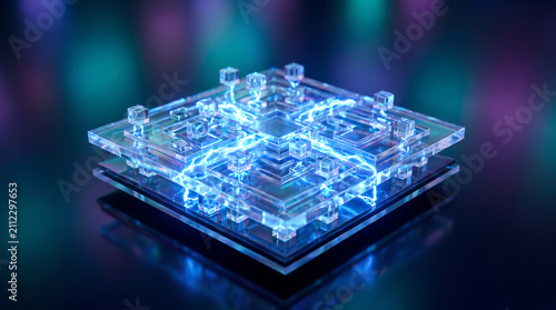 Microchip processor with layered glowing circuitry, artificial intelligence technology, semiconductor architecture, and futuristic high performance computing hardware.