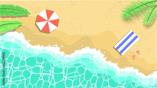 Tropical beach background with sandy shore, turquoise sea waves, parasol and mat top view. Vector