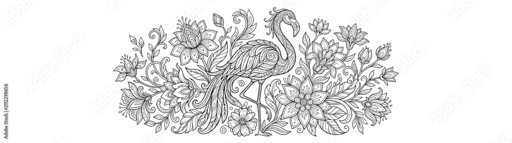 Fototapeta premium Elegant flamingo surrounded by intricate floral elements, line art.
