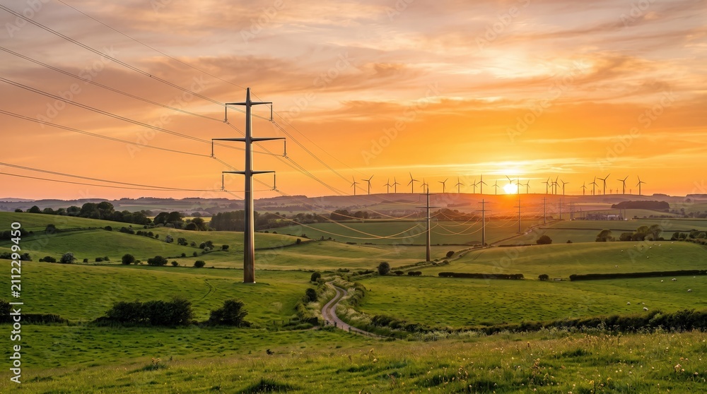 Obraz premium Serene Landscape at Sunset with Power Lines and Wind Turbines in the Distance