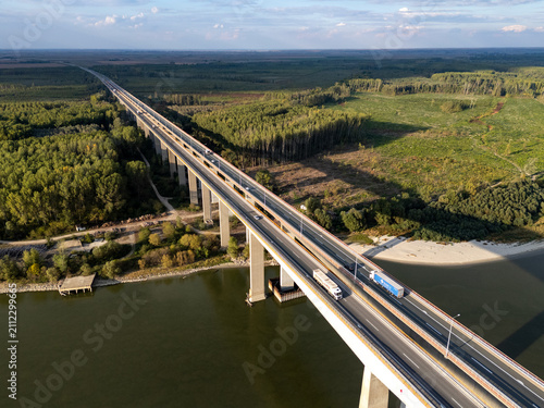 Bild auf Leinwand Aerial Drone View of Beška Bridge Over the Danube River, Serbia