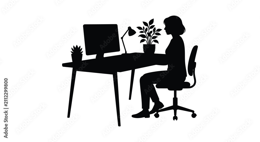 Fototapeta premium Person Working At Desk With Computer Black Silhouette