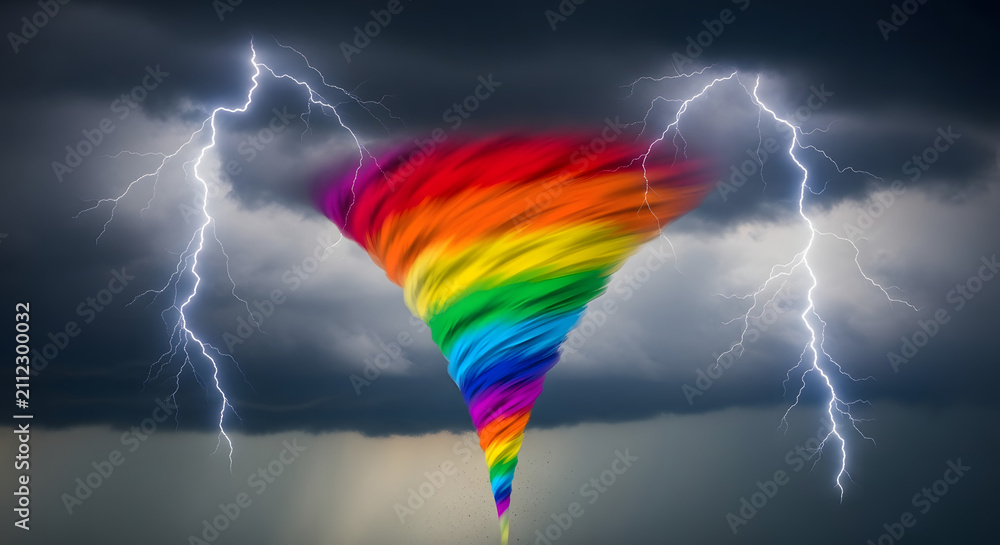Obraz premium Surreal rainbow tornado funnel spinning through dark stormy sky with lightning bolts during extreme weather disaster