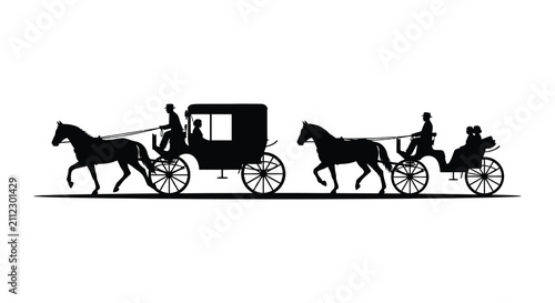 Φωτογραφία Horse drawn carriages and riders black silhouette