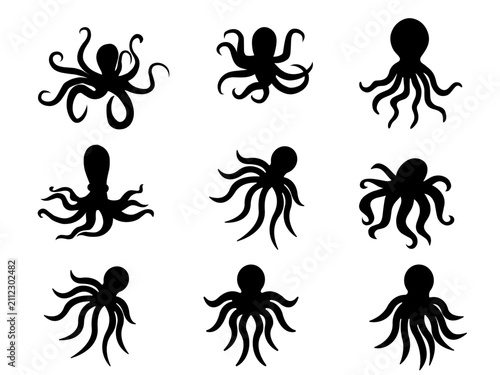 Octopus silhouette collection, nine black sea creature icons, marine animal vector set, kraken and cephalopod shapes for aquatic design