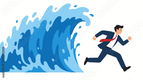 Businessman sprinting away from massive crashing blue wave, escape from danger, business crisis metaphor, flat vector illustration with dynamic motion and professional urgency