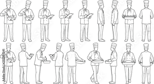 Chef Line Art Vector Set Featuring Professional Cooks Mixing Ingredients Writing Notes and Carrying Trays
