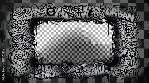 Foto Urban graffiti frame with street riot and rebel tags, monochrome hand drawn spra