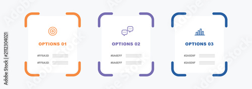 Three minimalist data options infographic layout boxes featuring subtle color brackets target chat and bar graph icons on light backdrop